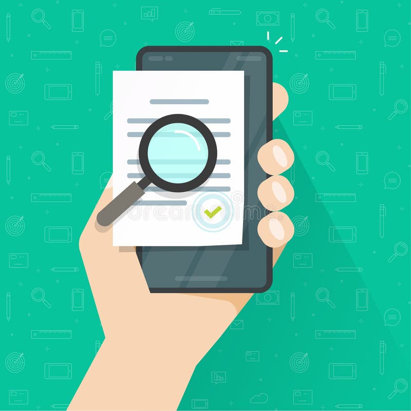 Mobile online compliance digital document inspection or assessment evaluation on smartphone phone vector, audit review royalty free illustration