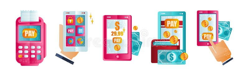 Mobile Online Payment and Money Transaction Flat Icon Vector Set lizenzfreie abbildung