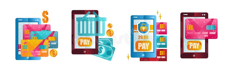 Mobile Online Payment and Money Transaction Flat Icon Vector Set stock abbildung