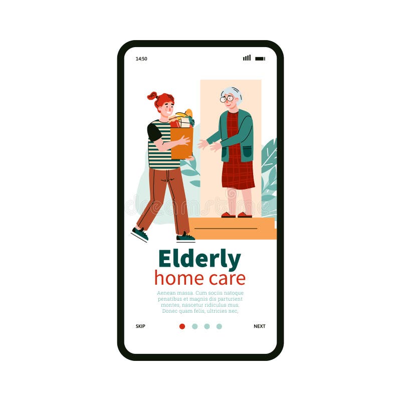 Mobile Page for Services of Elderly People Home Care, Flat Vector