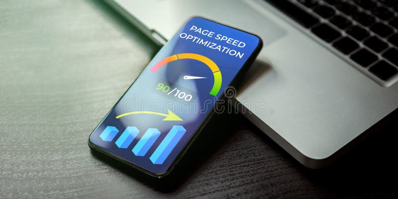 Mobile Page Speed Optimization SEO. Website Loading Time image for internet SEO. Mobile phone lying on a black wooden table royalty free stock photography