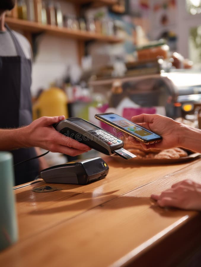 Mobile Payment Transaction at Cafe With Touchless Technology Near NFC Terminal During Daytime Generative AI stock photography