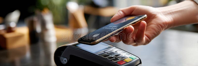 Mobile Payment Transaction Using Touchless Technology at a Modern Cafe During the Afternoon Generative AI stock photography