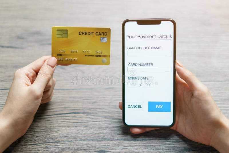 Mobile payments. hands using smartphone and credit card for online shopping stock images