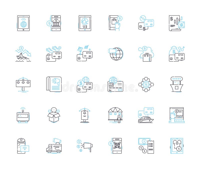 Mobile payments linear icons set. Transactions, Digital, Wallets, Contactless, Security, Efficiency, Convenience line stock illustration