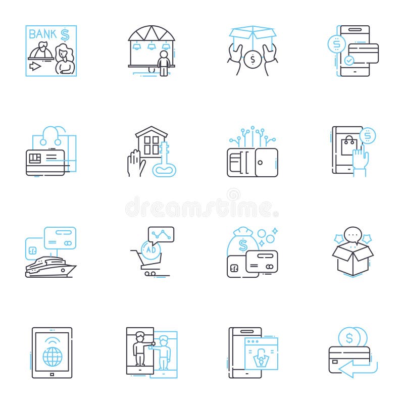Mobile payments linear icons set. Transactions, Digital, Wallets, Contactless, Security, Efficiency, Convenience line. Transactions, Digital, Wallets, Contactless, Security, Efficiency, Convenience vector symbols and line concept signs. Cryptocurrency,Banking,Empowering illustration.