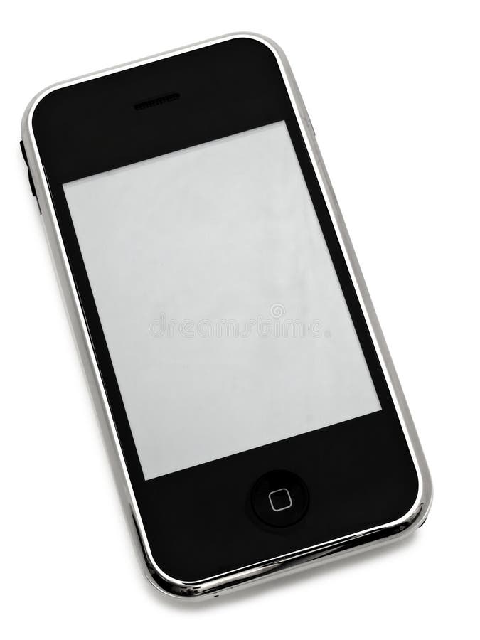 Mobilní telefon s prázdnou obrazovkou na bílém.