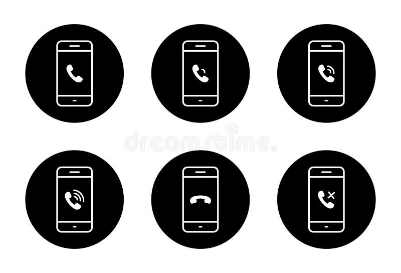 Mobile phone with call icon set in black circle. Incoming, ringing, hang up and declined call status symbol stock illustration