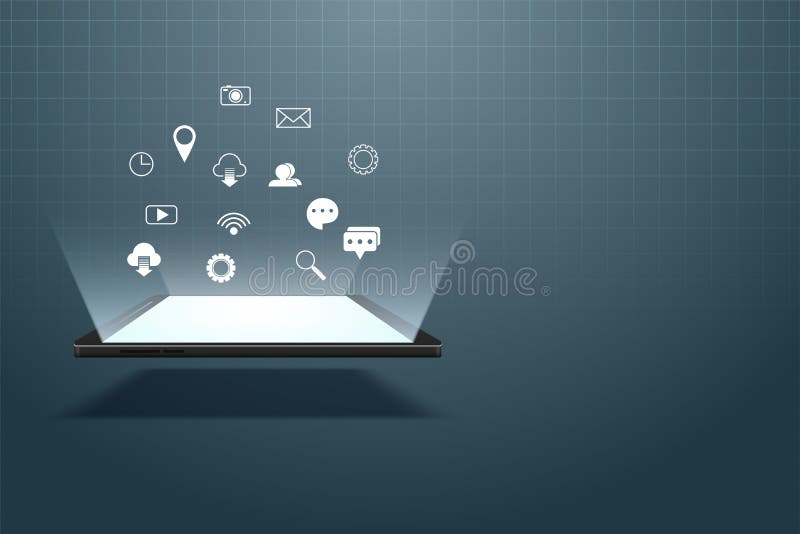 Mobile phone with cloud of application icons vector illustration