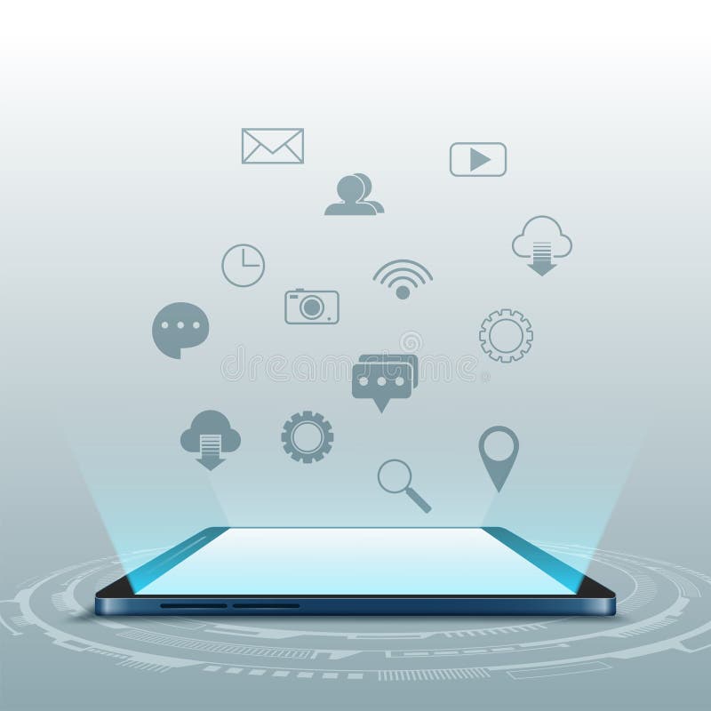 Mobile phone with cloud of application icons stock illustration