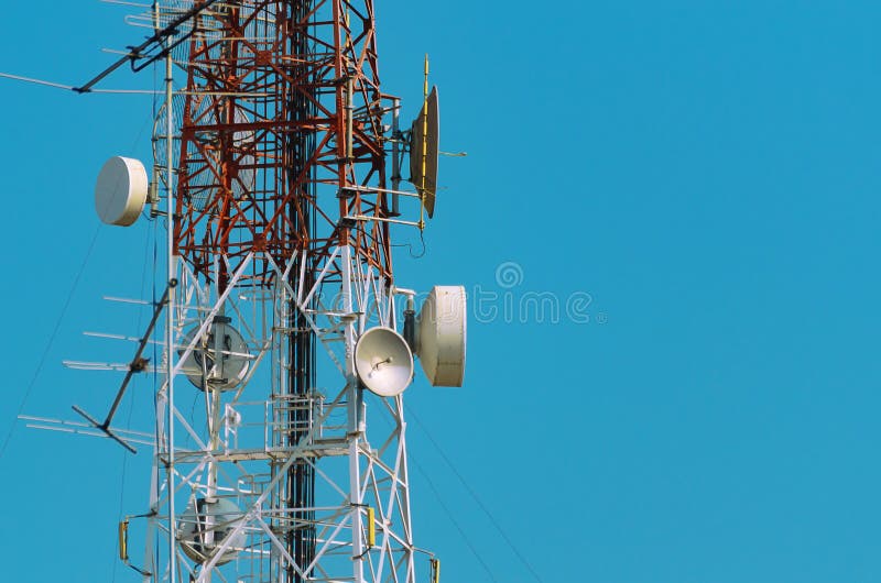 Mobile Phone Communication Antenna Tower With Satellite Dish On Stock