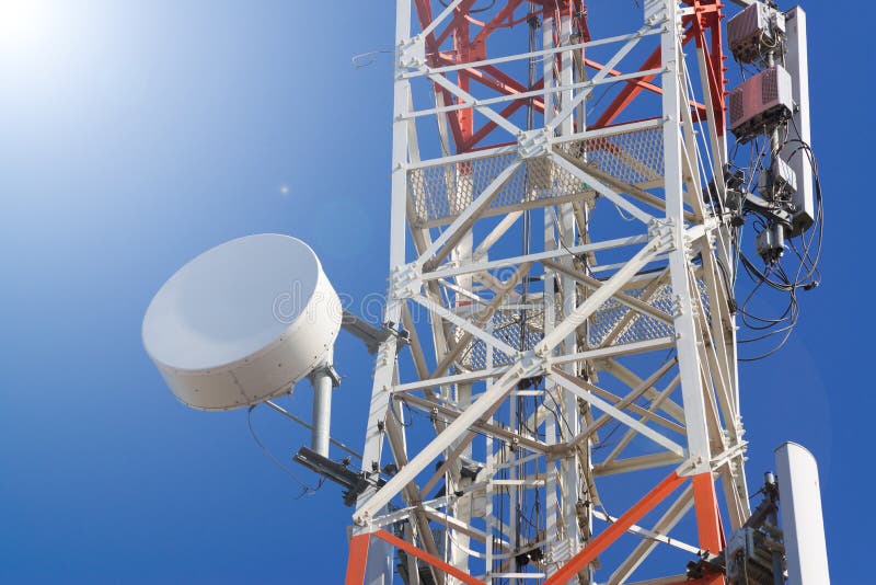 Mobile Phone Communication Antenna Tower With Satellite Dish On Stock