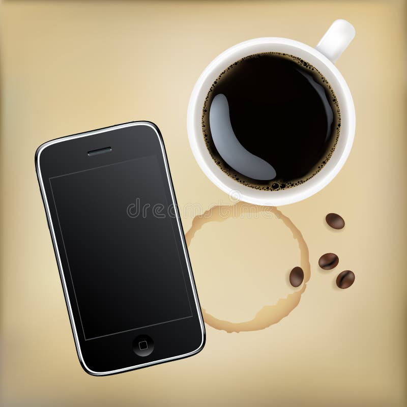 Mobile Phone with Cup of Coffee Stock Vector Illustration of