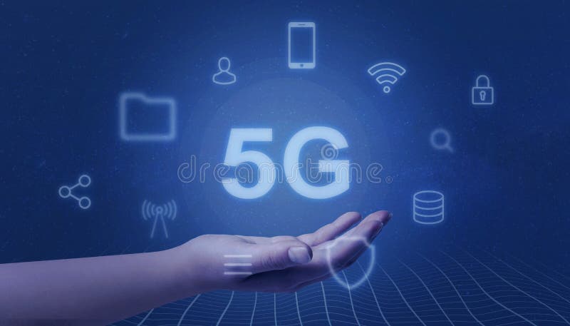 Mobile phone fifth generation concept. 5G in woman hand surrounded by service icons stock images Mobile phone fifth generation concept. 5G in woman hand surrounded by service icons stock images