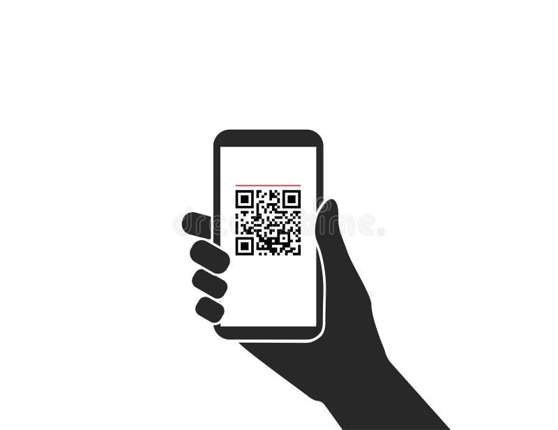 Mobile phone in hand, QR. Vector illustration. Flat design stock illustration
