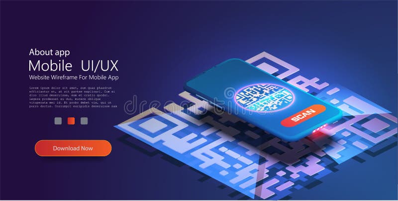 A mobile phone with a scanner reads the qr code. Trendy isometric vector smartphone. Web template for header. Web royalty free illustration