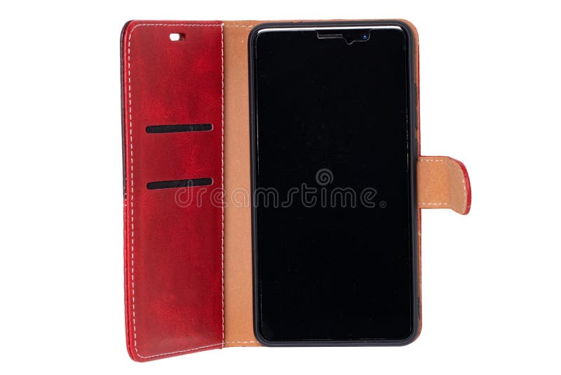 Mobile phone screen. Close-up of a smartphone in a red brown leather mobile phone case with black screen isolated on white. Case