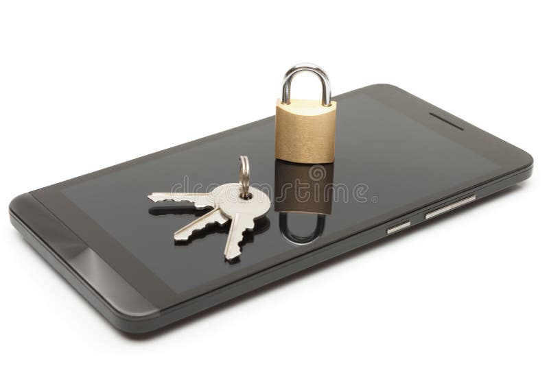 Mobile phone security and data protection concept. Smartphone with small lock and keys over it royalty free stock photography