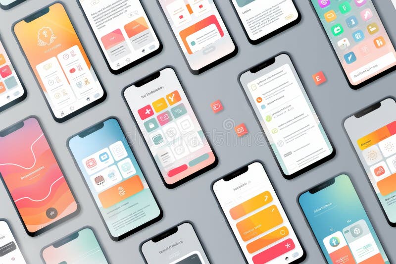 Mobile phone with a set of ux templates. User experience. User interface. Mobile app page template stock illustration
