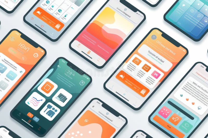 Mobile phone with a set of ux templates. User experience. User interface. Mobile app page template royalty free illustration
