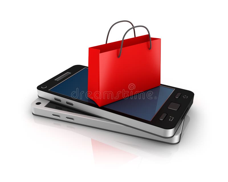Mobile phone with shopping bag. Online shopping concept. vector illustration Mobile phone with shopping bag. Online shopping concept. vector illustration