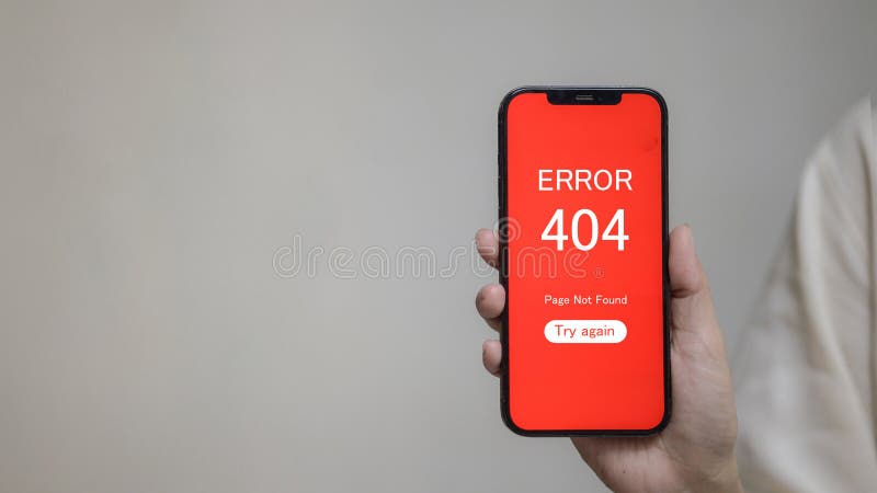 Mobile Phone Showing 404 Error Page Not Found on Red Screen stock photos