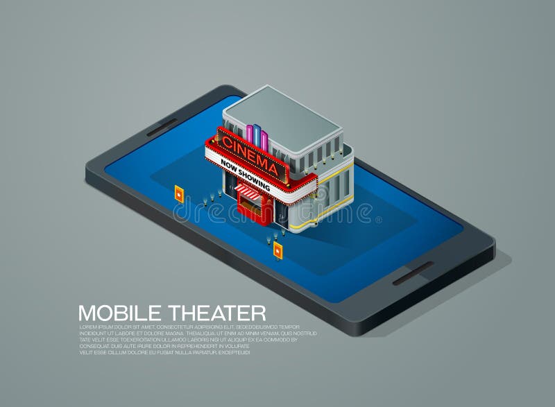 Mobile phone ticket reservation cinema theater isometric royalty free illustration Mobile phone ticket reservation cinema theater isometric royalty free illustration