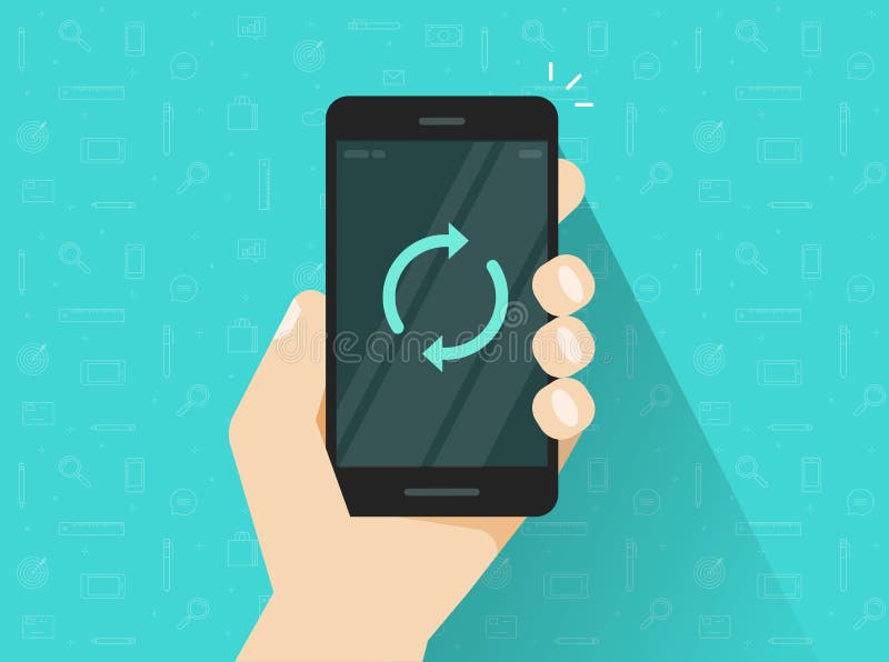 Mobile phone updating vector, flat cartoon smartphone with synchronize round arrows on screen, idea of connecting vector illustration