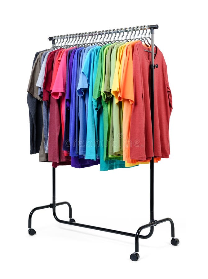 Mobile rack with color clothes on white background. File contains a path to isolation. royalty free stock images