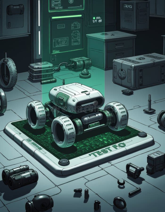Mobile robot chassis on a charging dock in a robotics lab test arena stock photos