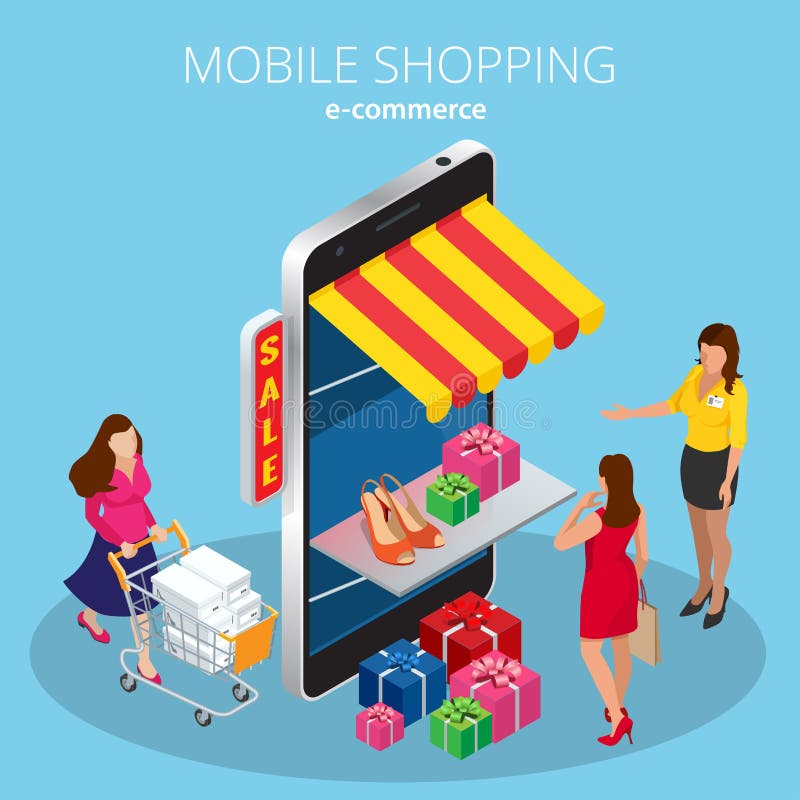 Isometric Woman Shopping on Smart Phone. Online Concept