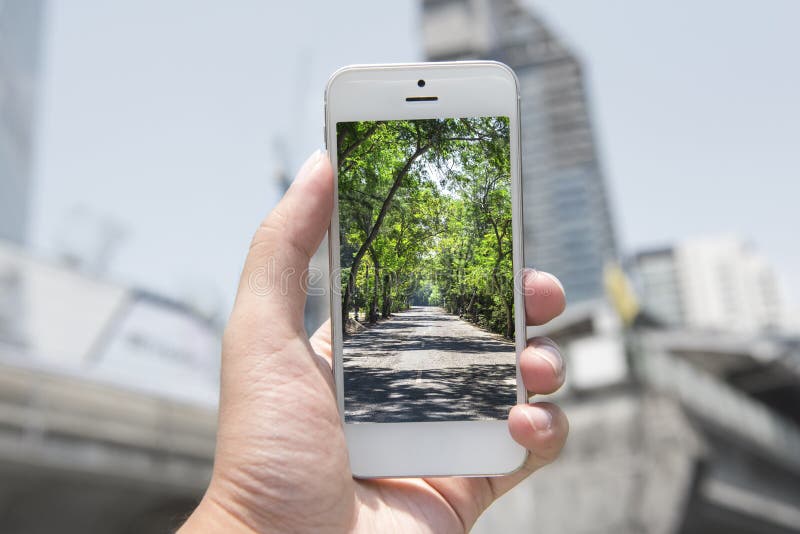 Mobile , smart phone with nature picture and city at the background , nature mobile set 1