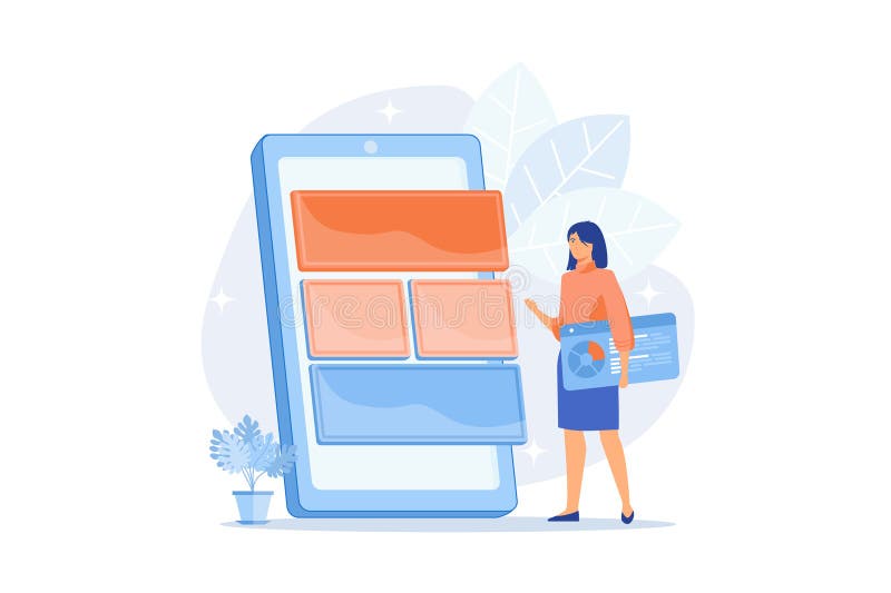 Mobile software optimization, UI, UX development. Smartphone app interface designing. Devops, woman creating application for royalty free illustration