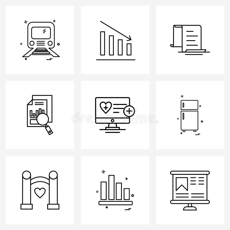 Mobile UI Line Icon Set of 9 Modern Pictograms of monitor, file, file, document, graph vector illustration