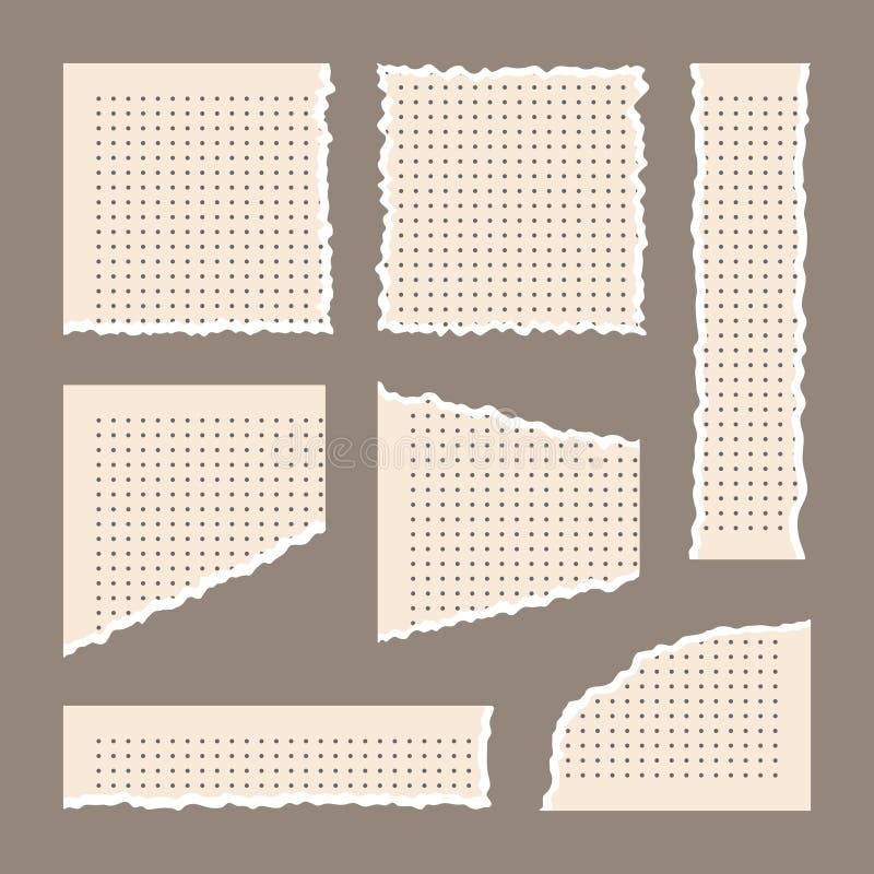 Vector set of torn paper elements with dot grid, ripped notebook pages with irregular edges, craft paper pieces on background royalty free illustration