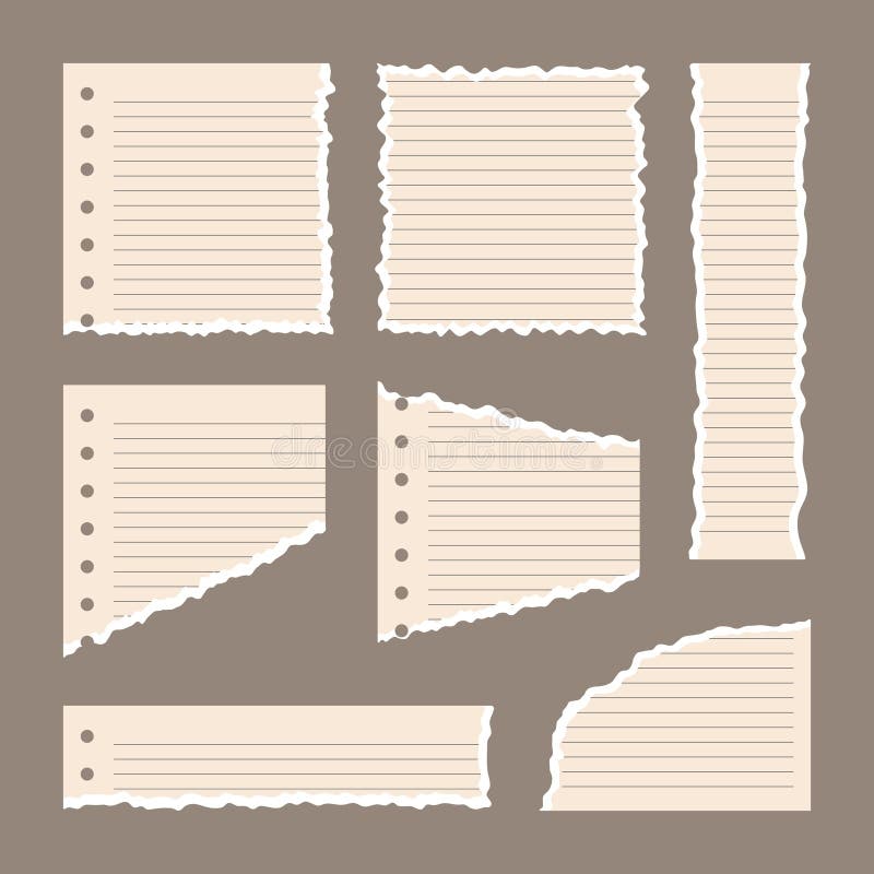 Vector fragments of beige torn notebook paper in a line with a white edge of different sizes stock illustration