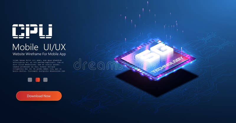 Mobile wireless Internet is a new generation. Isometric futuristic microchip with 5g hologram. Microchip processor with stock illustration