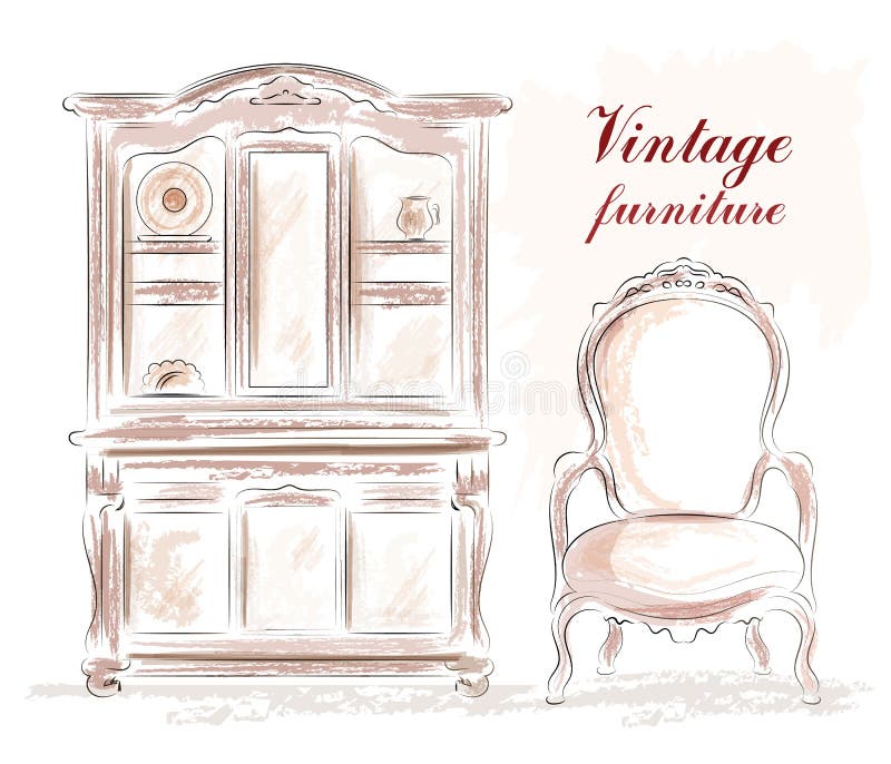 Mobilia d'annata messa: armadietto e sedia di vecchio stile abbozzo