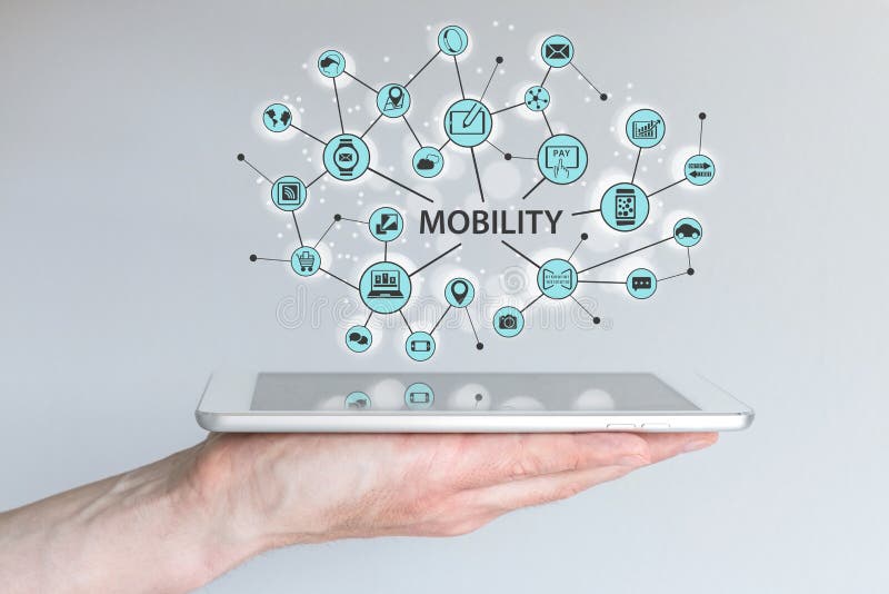 Mobility concept. Male hand holding modern smart phone or tablet with illustration of connected mobile devices.