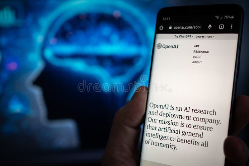Mobille device with information about OpenAI and ChatGPT - an artificial intelligence company stock photography