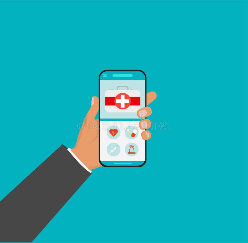 Mobilna medycyna, mhealth, online lekarka Ręki mienia smartphone z medycznym app Wektorowa płaska ilustracja ilustracja wektor Mobilna medycyna, mhealth, online lekarka Ręki mienia smartphone z medycznym app Wektorowa płaska ilustracja ilustracja wektor