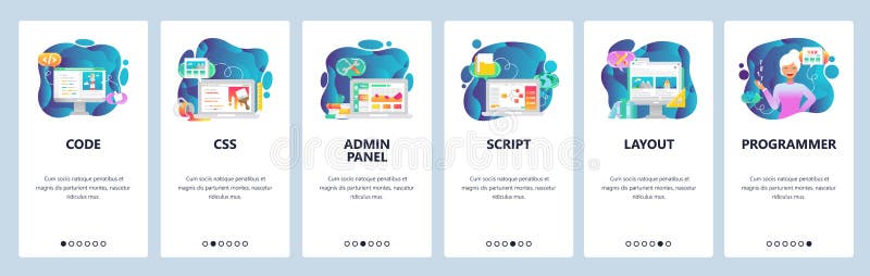 Mobilnego app onboarding ekrany Żeński przedsiębiorca budowlany, programuje kod, admin panel i Java pisze scenariusz Menu wektoru royalty ilustracja Mobilnego app onboarding ekrany Żeński przedsiębiorca budowlany, programuje kod, admin panel i Java pisze scenariusz Menu wektoru royalty ilustracja