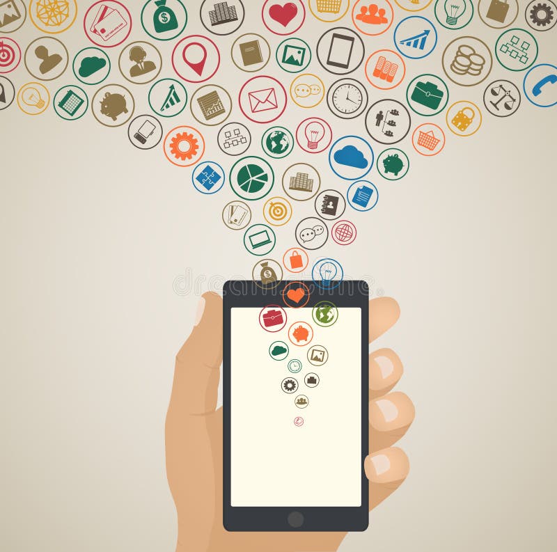 Mobilny app rozwoju pojęcie, Obłoczne medialne ikony wokoło pastylki ilustracja wektor