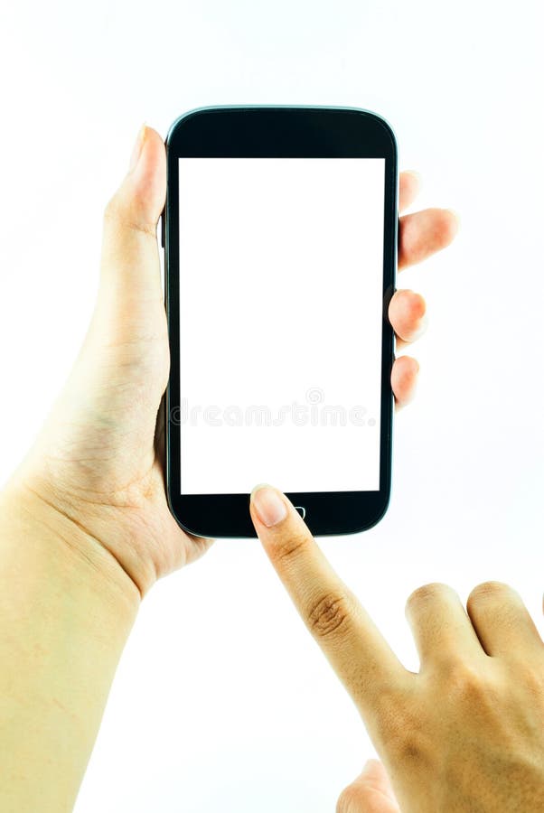 Mobiltelefon med pekskärmen i kvinnlig hand på vit bakgrund