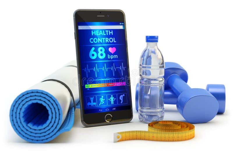 Mobiltelefonapplikation för vård- övervakning efter sportaktivitetsutbildning och konditiongenomkörare vektor illustrationer Mobiltelefonapplikation för vård- övervakning efter sportaktivitetsutbildning och konditiongenomkörare vektor illustrationer