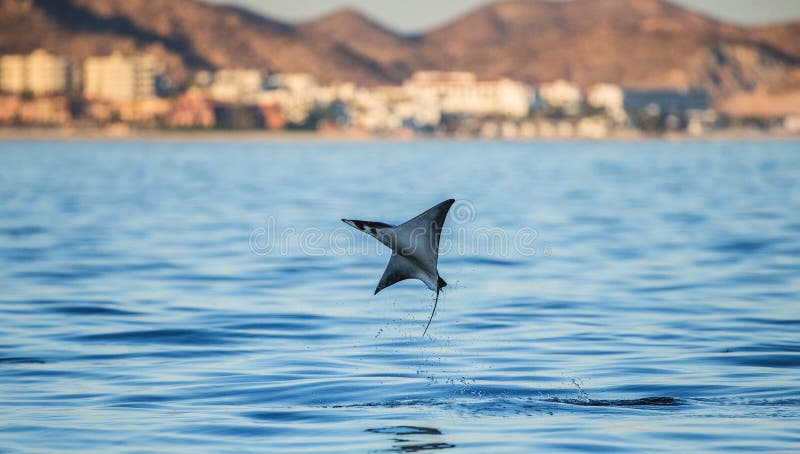 Mobula Ray is Jumping in the Background of the City of Cabo San Lucas
