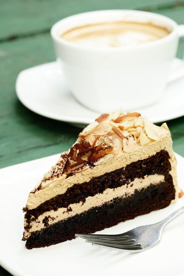 Mocha Almond Cake and Hot Coffee Stock Photo Image of white, calories 31037404