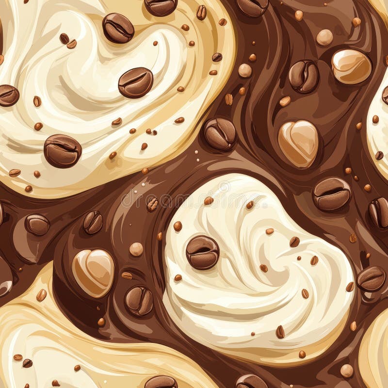 Mocha kawy sztuka płynny wzór do druku i stosowania wektorowego. Fascynujący wzorzec sztuki kawy mocha z kremowymi zawirowaniami i fasolą kawy idealnie nadaje się do druku i projektów wektorowych. idealny dla kawiarni i tematów związanych z żywnością