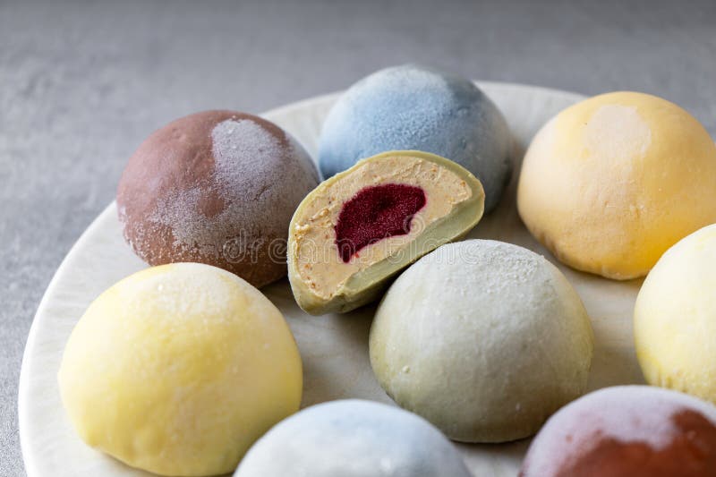 Mochi Traditional Japanese Rice Dessert Assortment on a Plate Stock