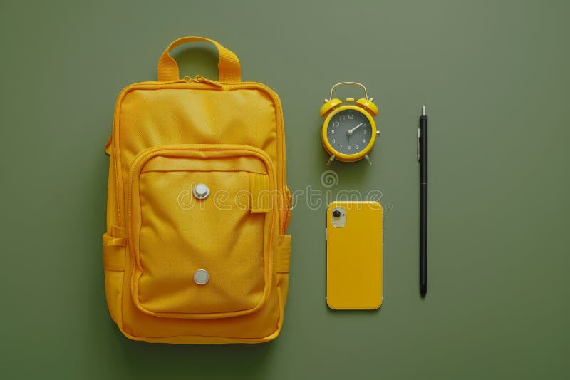 Yellow backpack with alarm clock and school supplies on green background. Back-to-school concept, Generated by AI. Yellow backpack with alarm clock and school supplies on green background. Back-to-school concept, Generated by AI